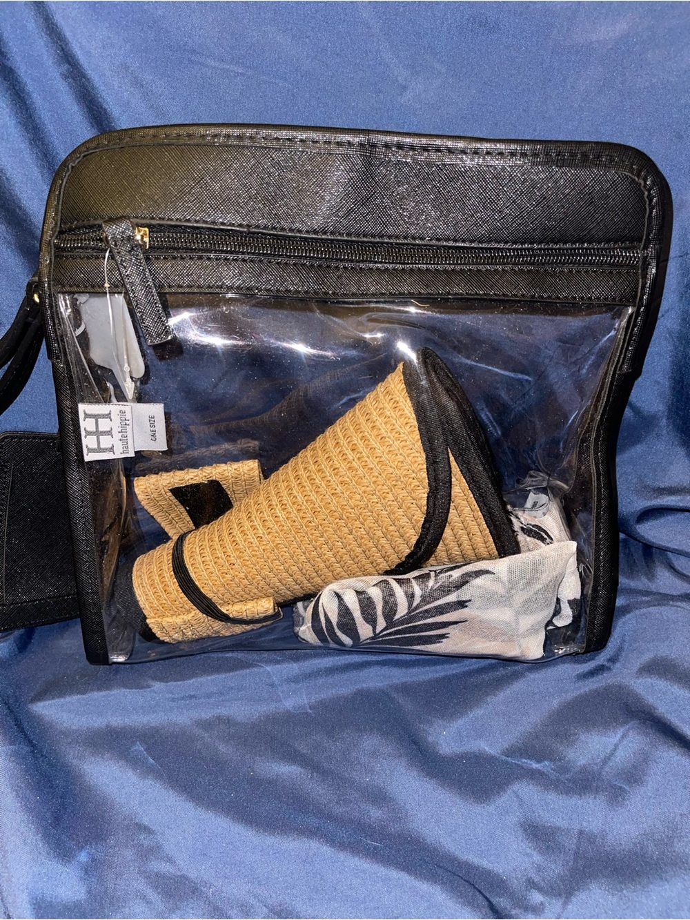 Haute Hippie Clear Travel Pouch with Scarf and Tan Straw Visor
